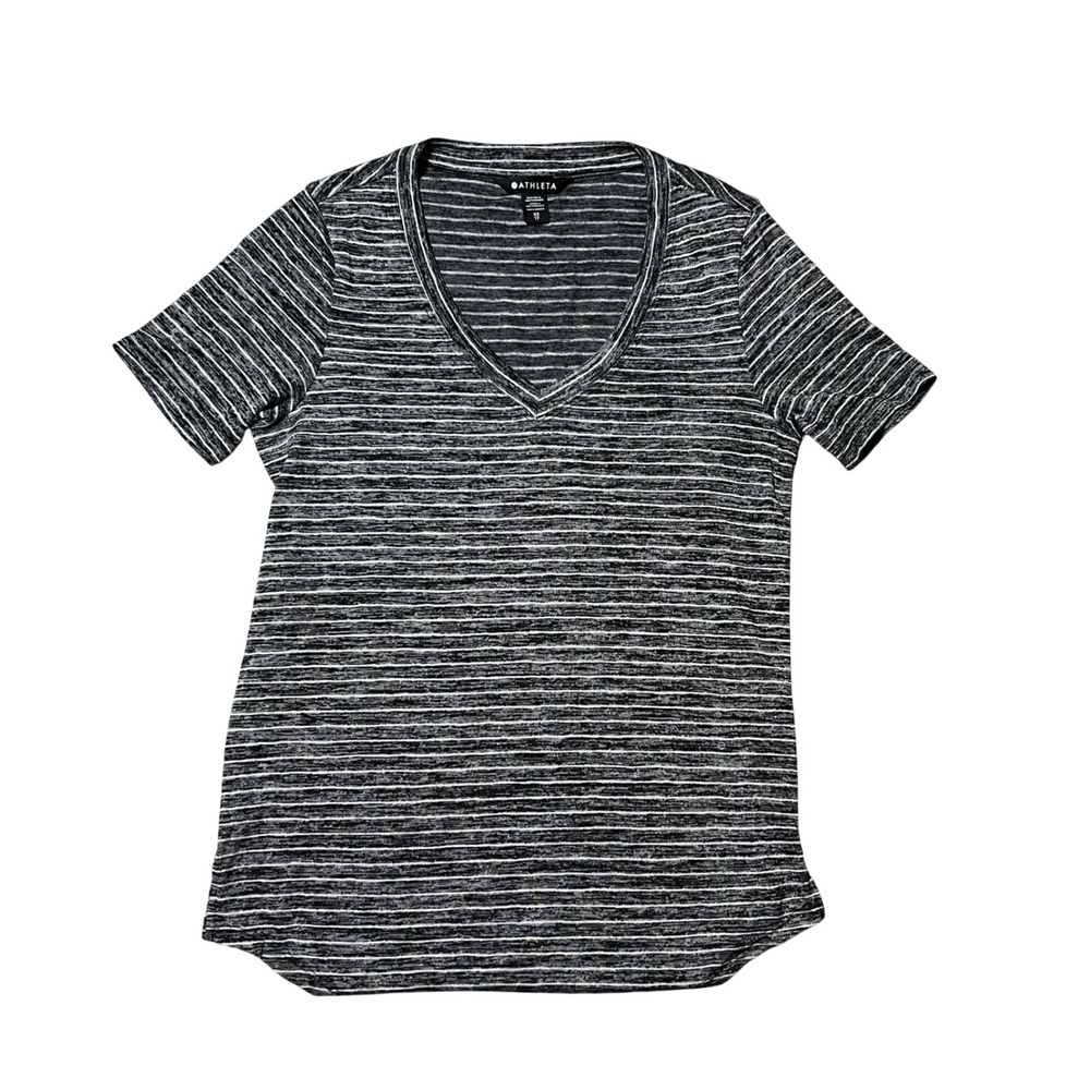 Athleta Womens XS Black White Striped V-Neck Short Sleeve Activewear Tee Top